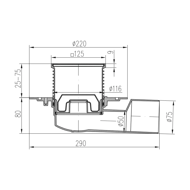 Sifon pentru dus fara caditacu evacuare laterala D50/75 cu flotor antimiros, cadru si gratar de inox tip SUN 125X125 mm [2]