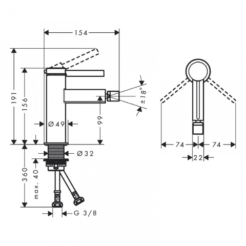 Baterie bideu, Hansgrohe, Finoris, cu ventil push-open, crom [1]