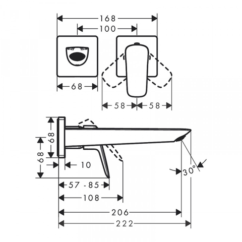 Baterie lavoar, Hansgrohe, Logis, cu montaj pe perete, cu pipa 20,6 cm si ventil, negru mat [1]