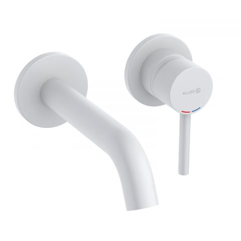 Sanitare - Baterie pentru lavoar, Kludi, Bozz, cu montaj pe perete, pipă 18 cm, alb mat