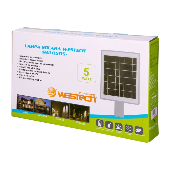 Corp de iluminat solar stradal LED Westech SWL0505, 5W, senzor de miscare, gri, IP65 [2]