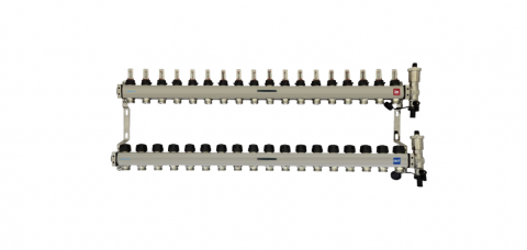 Incalzire in pardoseala - Distribuitor cu 10 circuite din inox 1”-3/4” EK cu suporti montaj 210mm si kit golire/aerisire automata
