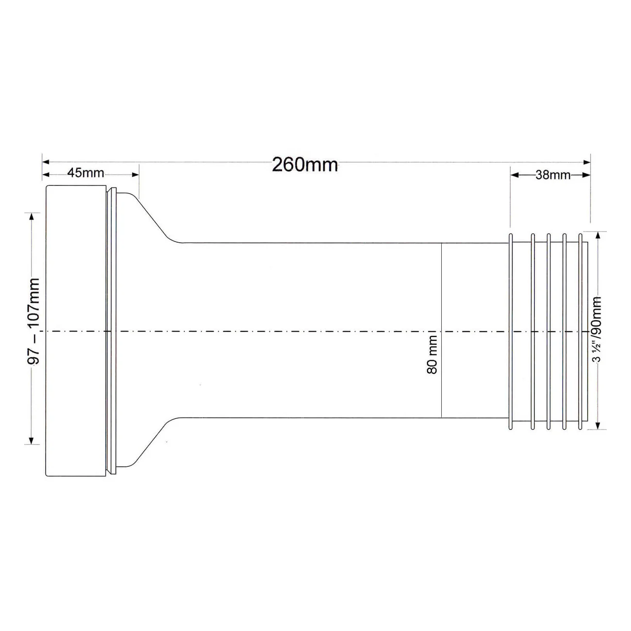 Racord WC McALPINE Ø100 mm + DN100 (Ø110 mm), L = 260 mm [1]