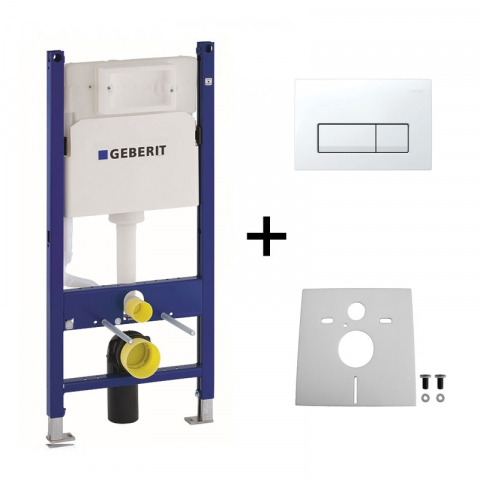 Rezervoare WC - Set rezervor incastrat Geberit, Duofix, cu set fixare si clapeta alba, Delta 51, pentru vase WC suspendate
