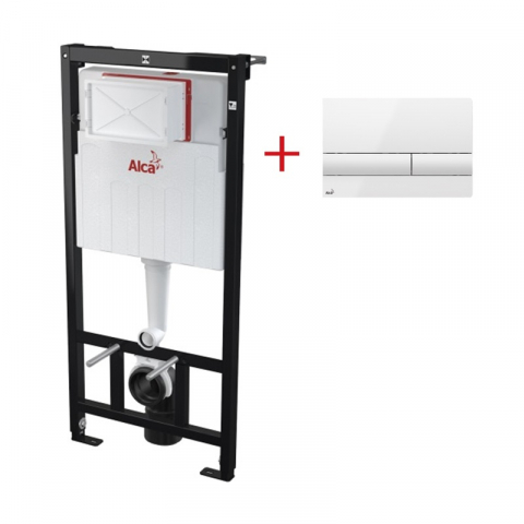 Rame de montaj cu rezervor pentru WC suspendat - Set rezervor wc incastrat Alcaplast, Sadromodul, pentru instalari uscate (in gips-carton) + clapeta alb-lucios M1710