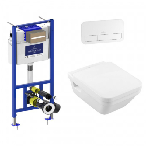 Rezervoare WC - SET Villeroy & Boch, Architectura, Vas WC dreptunghiular suspendat cu capac, Rezervor incastrat ViConnect Pro si Clapeta alba ViConnect