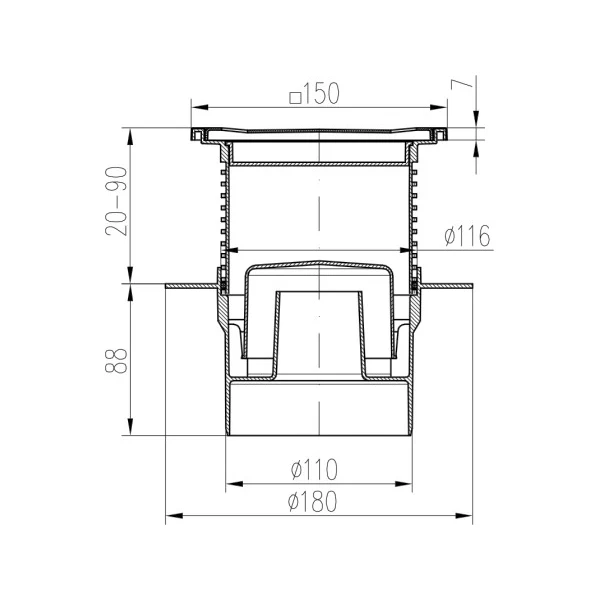 Sifon de pardoseala MCH cu iesire verticala DN 110/H reglabil, complet din otel inox cu guler/flansa [1]