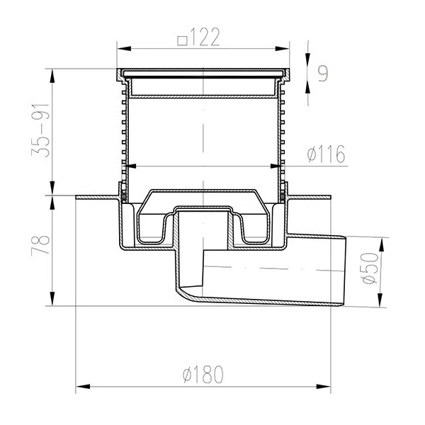 Sifon de pardoseala MCH iesire orizontala D50/H reglabil cu gratar de inox Labyrinth 125x125 si guler [1]