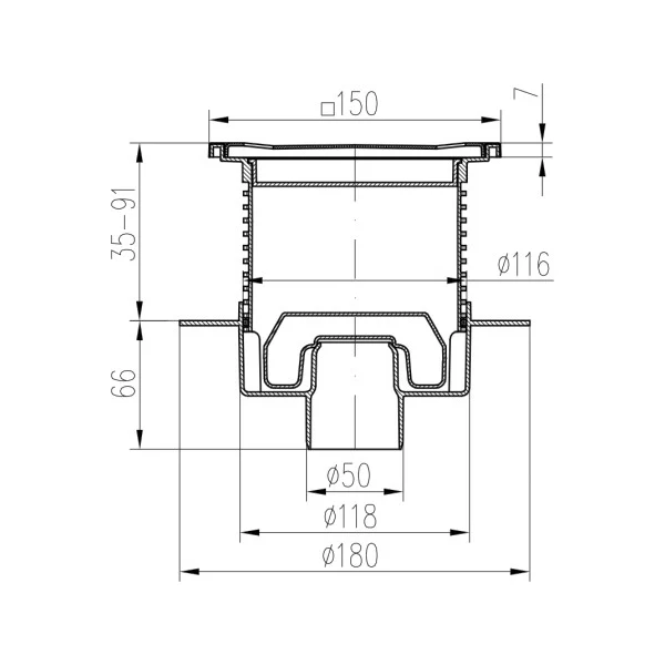 Sifon de pardoseala MCH Neptun 150x150 cu iesire verticala DN 50/H reglabil, complet din otel inox, cu guler/flansa [1]
