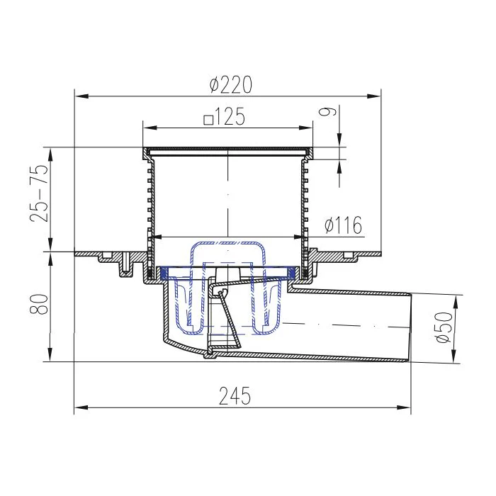 Sifon de pardoseala MCH universal cu iesire orizontala DN 50/H reglabil, otel inox cu flansa [1]