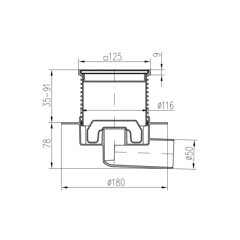 Sifon de pardoseala NEPTUN iesire orizontala D50/H reglabil cu gratar de inoc face 125X125 si guler (cadru inox) [1]