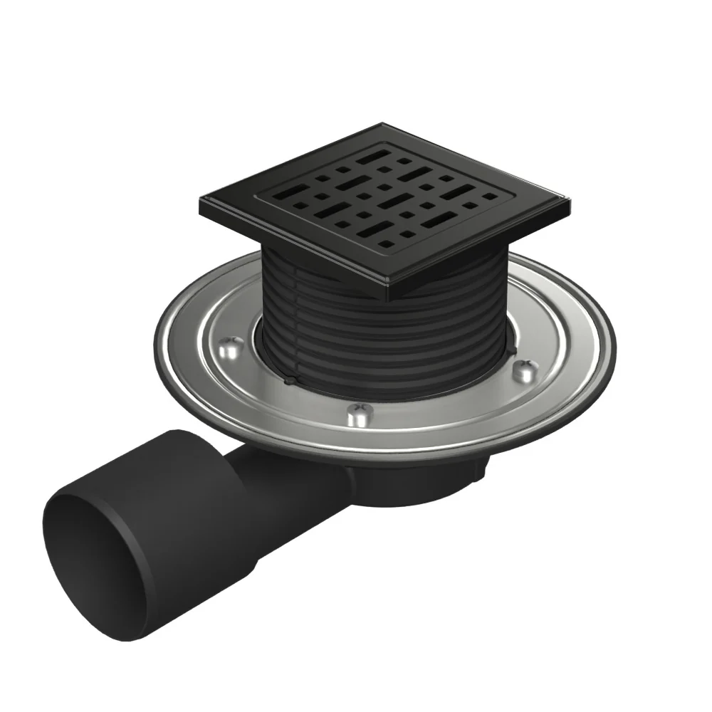 Fitinguri și Racorduri pentru Instalații - Sifon pentru dus fara cadita cu evacuare laterala D50/75 cu flotor antimiros, cadru plastic si gratar de inox tip FACE BLACK 125x125 mm
