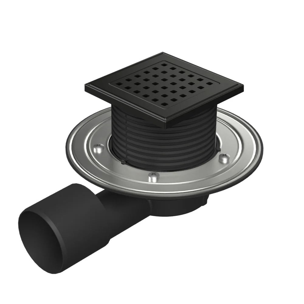 Fitinguri și Racorduri pentru Instalații - Sifon pentru dus fara cadita cu evacuare laterala D50/75 cu flotor antimiros, cadru plastic si gratar de inox tip gate black 125x125 mm