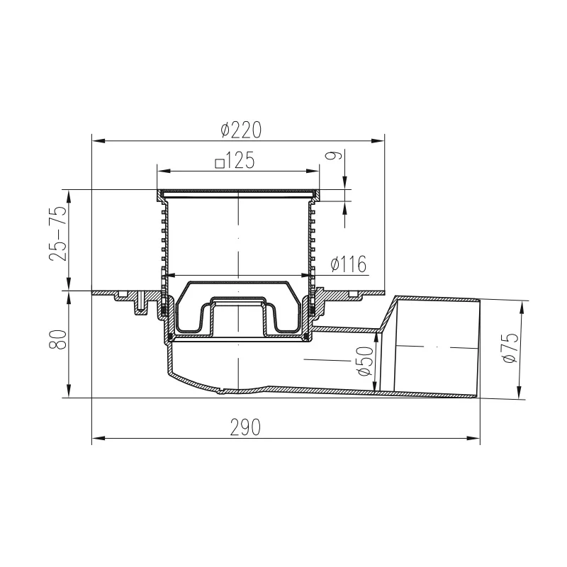 Sifon pentru dus fara cadita cu evacuare laterala D50/75 cu flotor antimiros, cadru si gratar de inox tip face 125X125 mm [1]