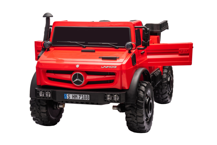 Camion electric cu bena rabatabila Premier Mercedes Unimog, 4x4, 12V, 2 copii, roti cauciuc EVA, scaun piele ecologica, rosu [6]