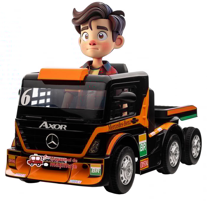 Camion electric cu remorca Premier Mercedes Axor, 12V, roti cauciuc EVA, scaun piele ecologica, portocaliu [1]