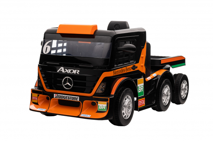 Camion electric cu remorca Premier Mercedes Axor, 12V, roti cauciuc EVA, scaun piele ecologica, portocaliu [5]