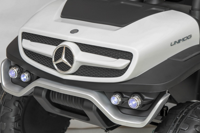 Masinuta electrica 4x4 Premier Mercedes Unimog, 12V, roti cauciuc EVA, scaun piele ecologica, alb [15]