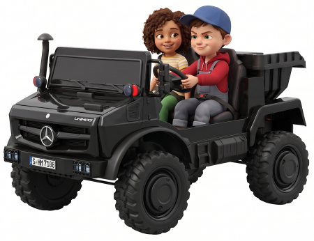 Masinute electrice - Camion electric cu bena rabatabila Premier Mercedes Unimog, 4x4, 12V, 2 copii, roti cauciuc EVA, scaun piele ecologica, negru