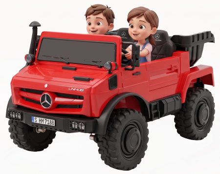 Masinute electrice - Camion electric cu bena rabatabila Premier Mercedes Unimog, 4x4, 12V, 2 copii, roti cauciuc EVA, scaun piele ecologica, rosu