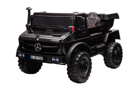 Masinute electrice - Camion electric cu bena rabatabila Premier Mercedes Unimog, 4x4, 12V, 2 copii, roti cauciuc EVA, scaun piele ecologica, negru