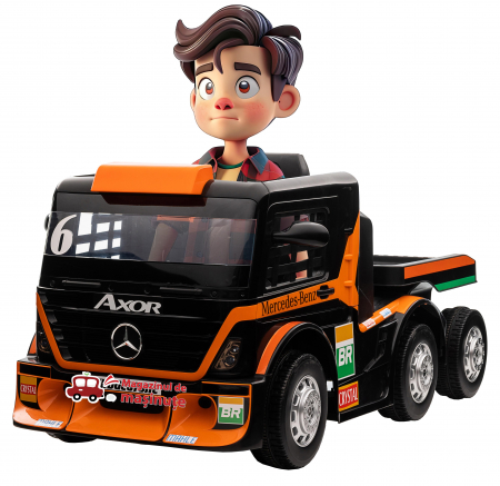 Masinute electrice - Camion electric cu remorca Premier Mercedes Axor, 12V, roti cauciuc EVA, scaun piele ecologica, portocaliu