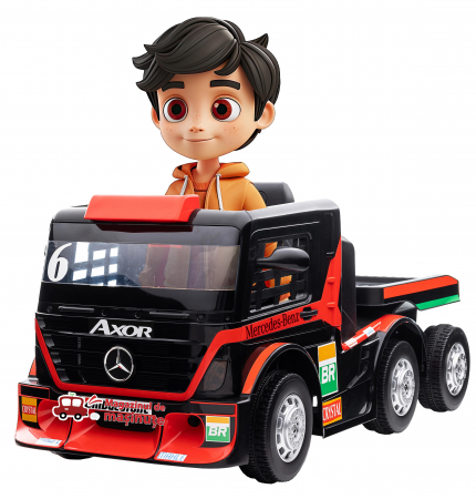 Masinute electrice - Camion electric cu remorca Premier Mercedes Axor, 12V, roti cauciuc EVA, scaun piele ecologica, rosu