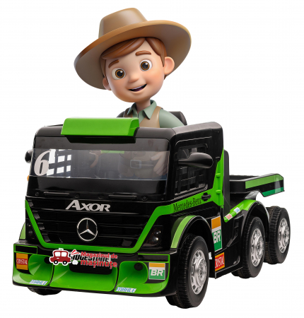 Masinute electrice - Camion electric cu remorca Premier Mercedes Axor, 12V, roti cauciuc EVA, scaun piele ecologica, verde