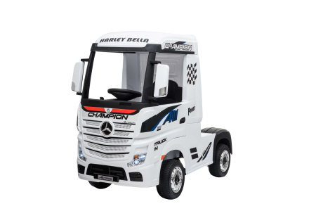 Masinute electrice - Camion electric Premier Mercedes Actros cu 2 baterii, 4x4, roti cauciuc EVA, scaun piele ecologica, alb