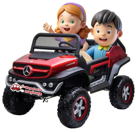 Masinute electrice - Masinuta electrica 4x4 Premier Mercedes Unimog, 12V, roti cauciuc EVA, scaun piele ecologica, visiniu