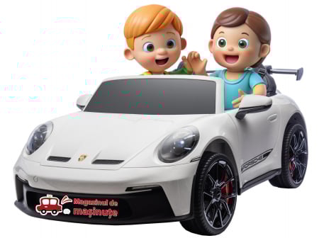 Masinute electrice - Masinuta electrica 4x4 Premier Porsche 911 GT3, 12V, 2 copii, roti cauciuc EVA, scaun piele ecologica, alb