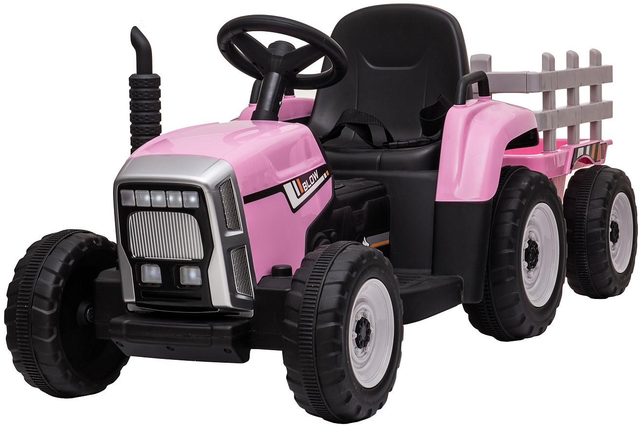 item Symposium reflect Tractor electric cu remorca Premier Farm, 12V, roti cauciuc EVA, roz