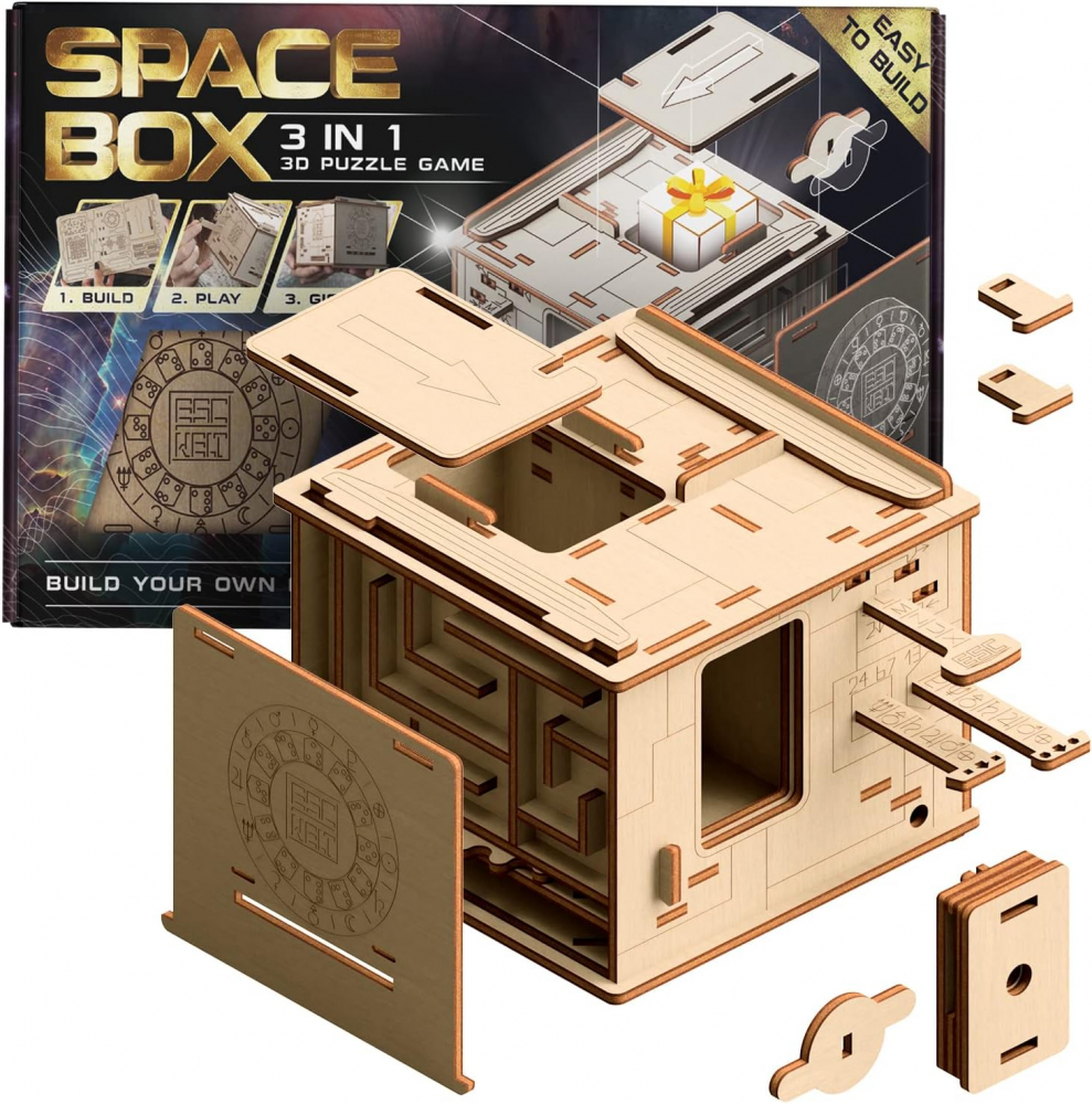 ESC WELT Space Box Puzzle 3D din lemn - 3 in 1 Puzzle Box Model Building Escape Room Game - Cutie cadou Joc Puzzle - Puzzle Cadouri