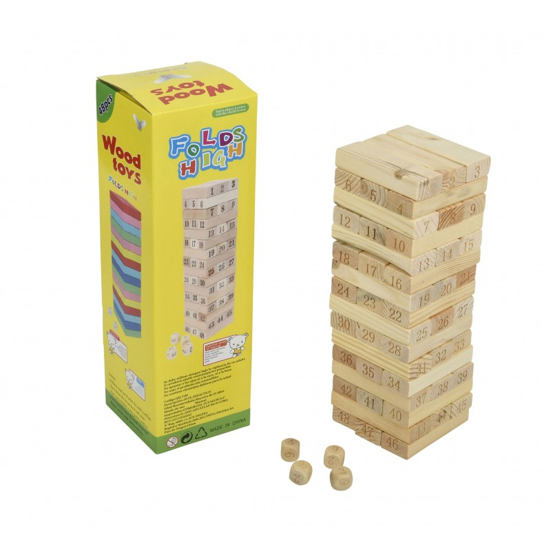 Joc Jenga lemn - 58 de piese + 4 zaruri din lemn