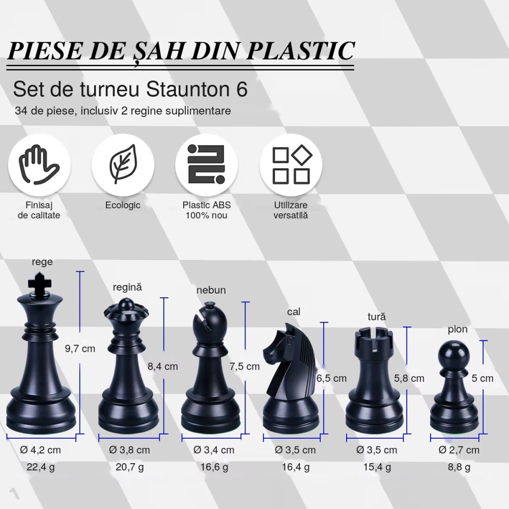 Piese de sah din plastic ABS Staunton 6 Leap, kh 97 mm, cu 2 regine suplimentare [3]