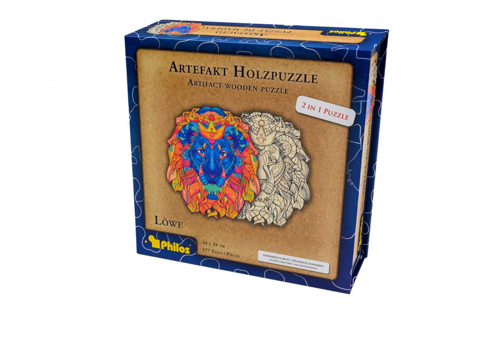 Puzzle din lemn 2 in 1 Lion, 177 piese, in cutie cu inchidere magnetica