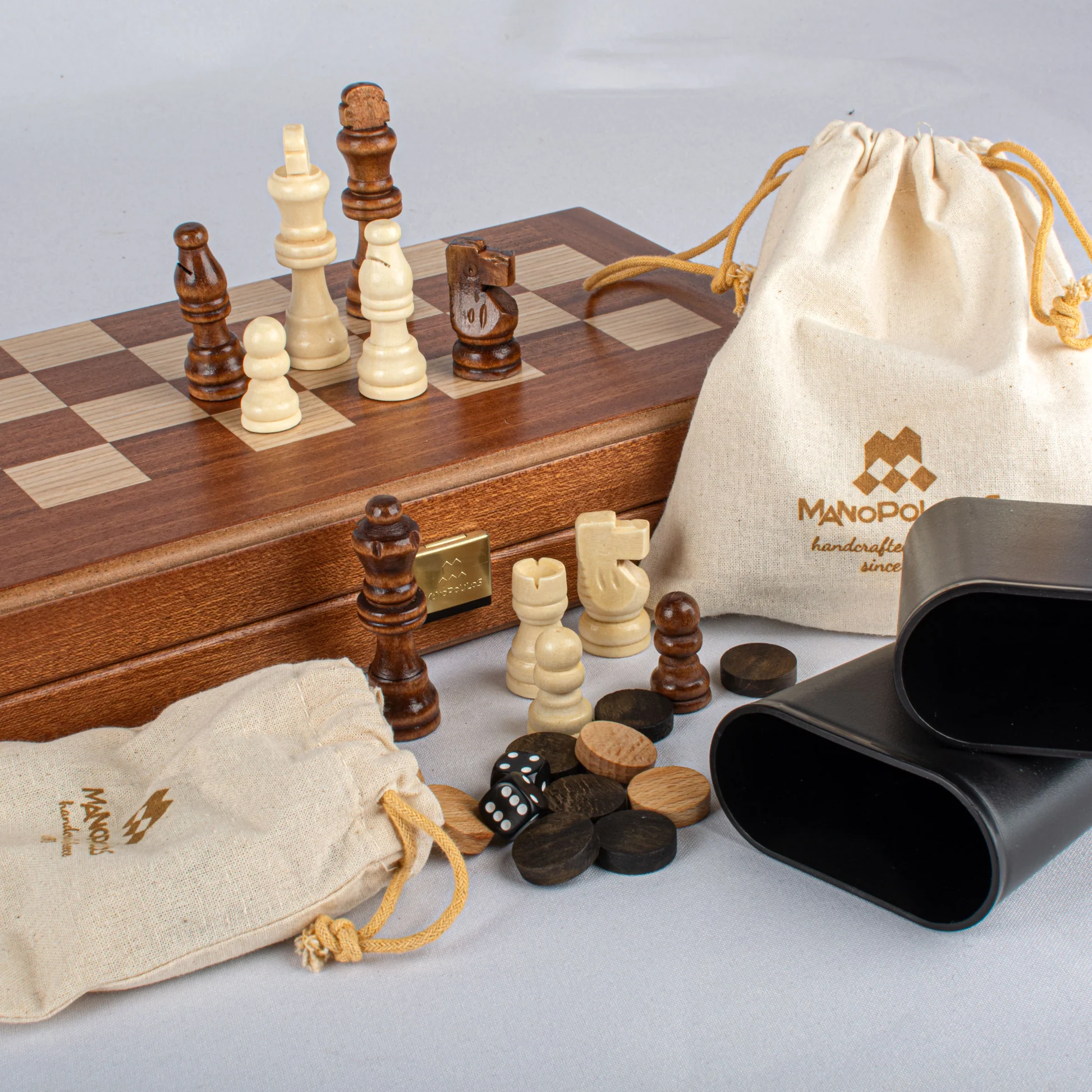 Set de șah, table și dame 3 în 1 din lemn de mahon realizat manual 38 x 20 [5]