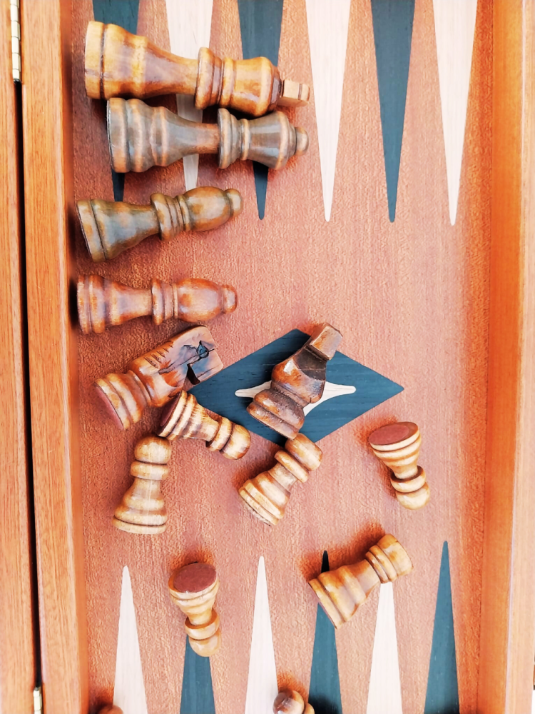 Set de șah, table și dame 3 în 1 din lemn de mahon realizat manual 38 x 20 -Imperfect [3]