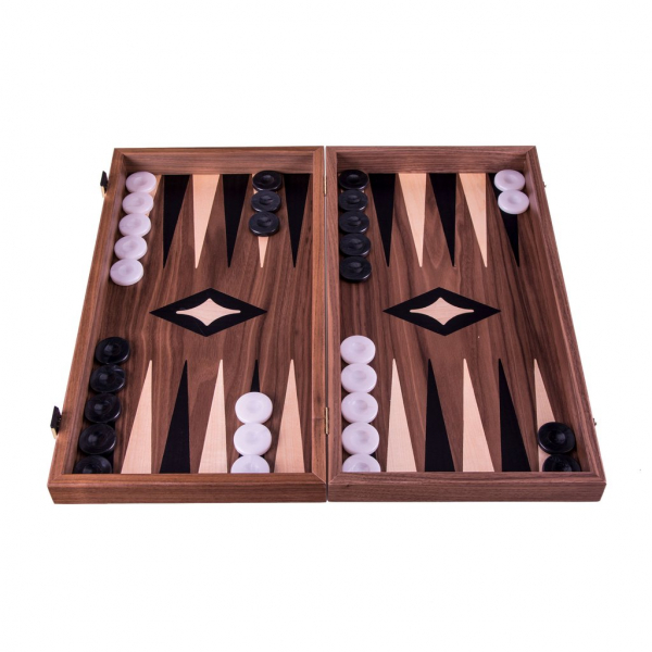 Set joc table backgammon cu tabla de sah la exterior, lemn de nuc si stejar inlaid , 47,5 x 50 cm -Fara piese de Sah