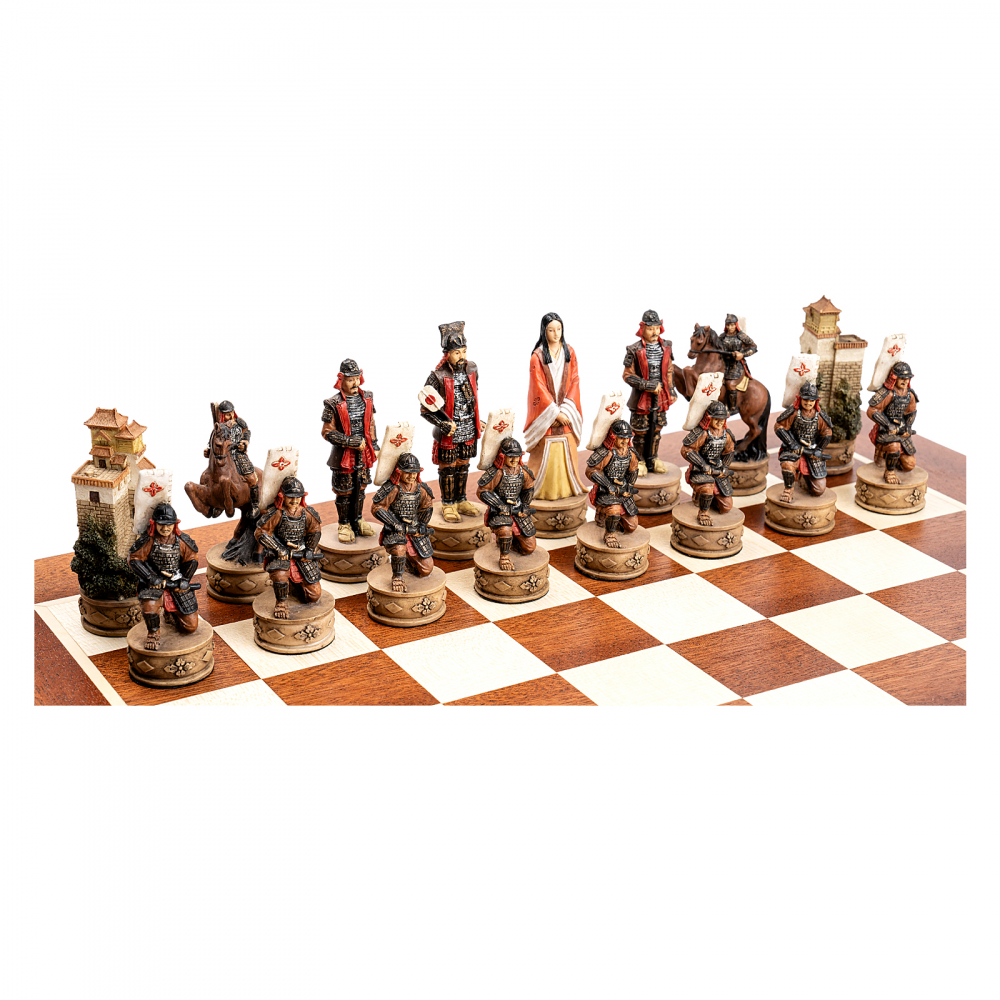 Set piese sah tematice Samurai cu taba de sah din lemn de mahon [6]