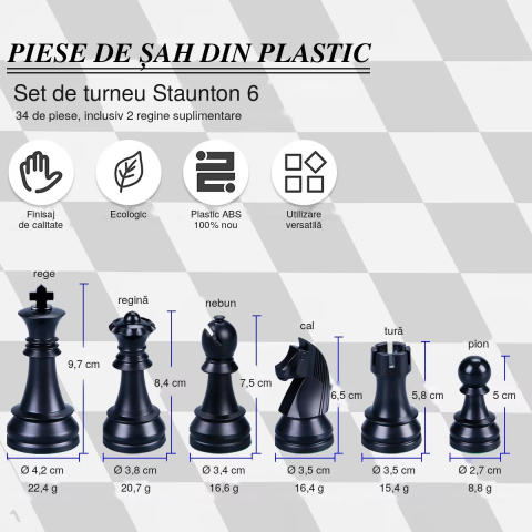 Piese de sah din plastic ABS Staunton 6 Leap, kh 97 mm, cu 2 regine suplimentare [2]
