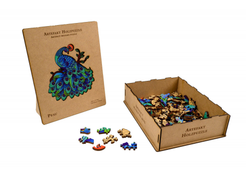 Puzzle - Puzzle lemn 2 in 1 Păun, 132 piese, în cutie de lemn