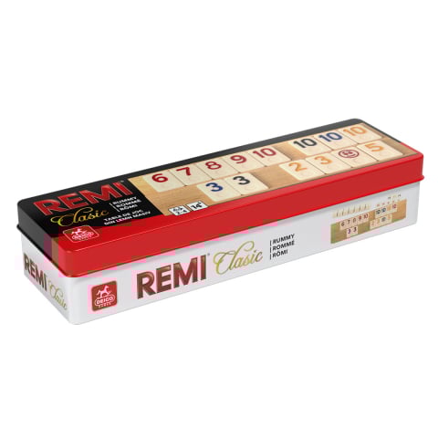 Joc Remi/rummy - Remi Clasic in cutie metalica – tabla din lemn masiv, piese „os/piatra”