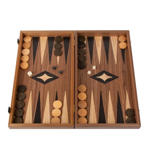 Joc Table Din Lemn - Set joc table/backgammon cu tabla de sah la exterior– lemn de nuc si stejar inlaid – 47,5 x 50 cm