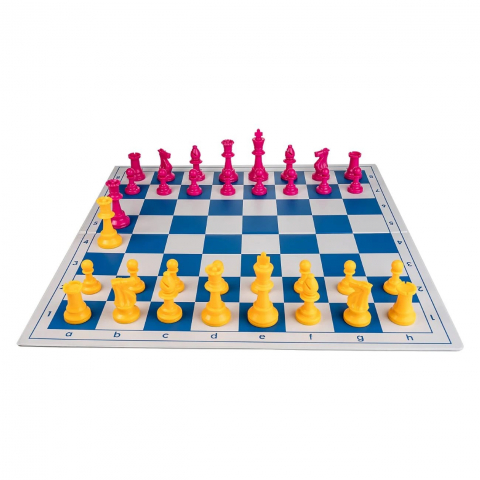 Seturi Sah - Combo set Blue: Tabla PVC alb/albastru + Piese roz /galben