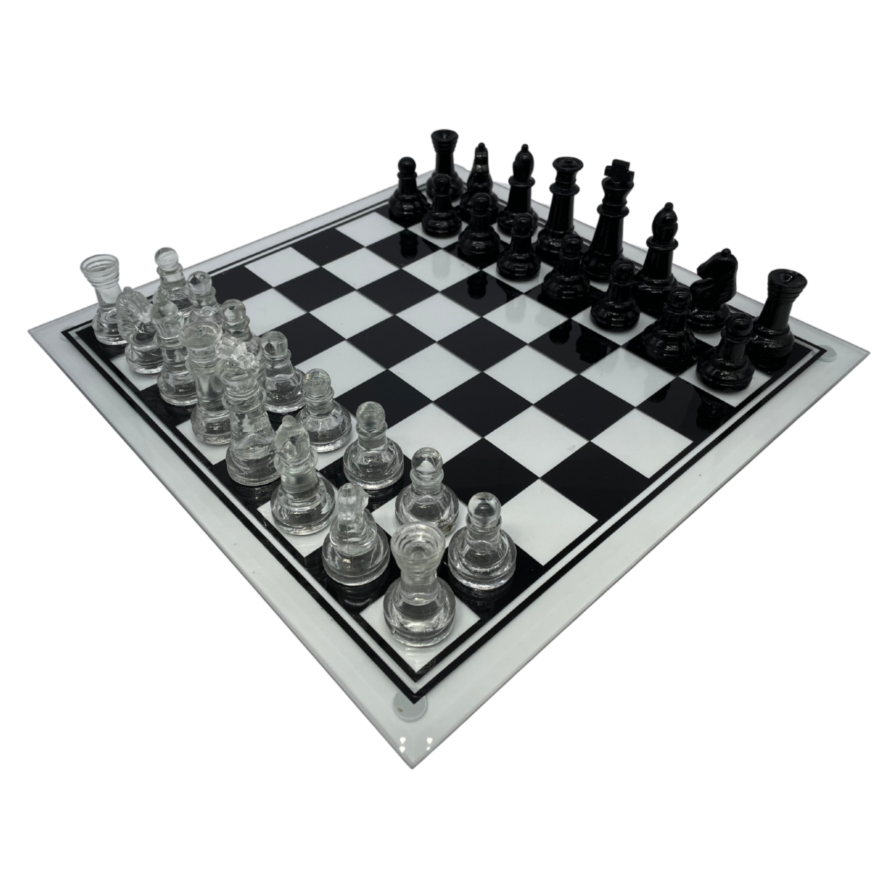 Seturi De Sah in cutie - Set de sah din sticla cu piese transparente si negre, 35 cm