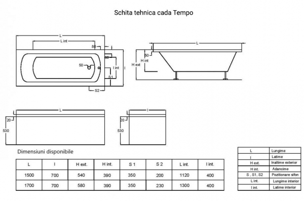 cada baie colt 150x70 cm tempo