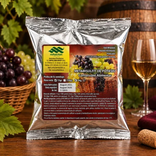 PRODUSE VINIFICATIE - Conservant METABISULFIT DE POTASIU 15 g – Pentru conservarea si protejarea vinului impotriva oxidarii
