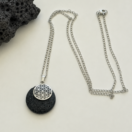 Colier aromaterapie cu pandant din Lava si otel inoxidabil - Flower of Life [2]