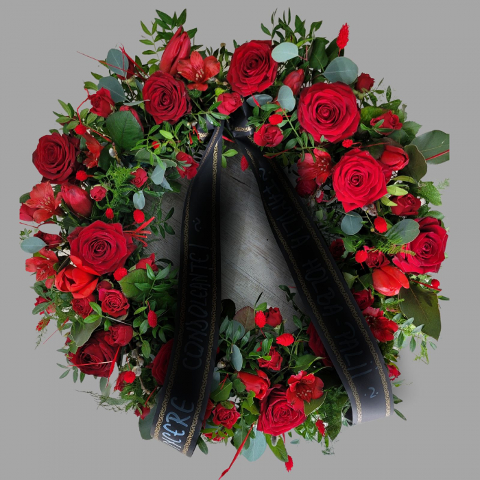 Coroana funerară rotundă cu flori roșii [3]